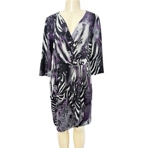 Marina Purple Multicolor Animal Print‎ Faux Wrap Dress V-Neck 3/4 Sleeve 12
